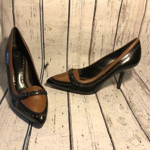 $495 Tory Burch Black Leather Brown Heels Shoes